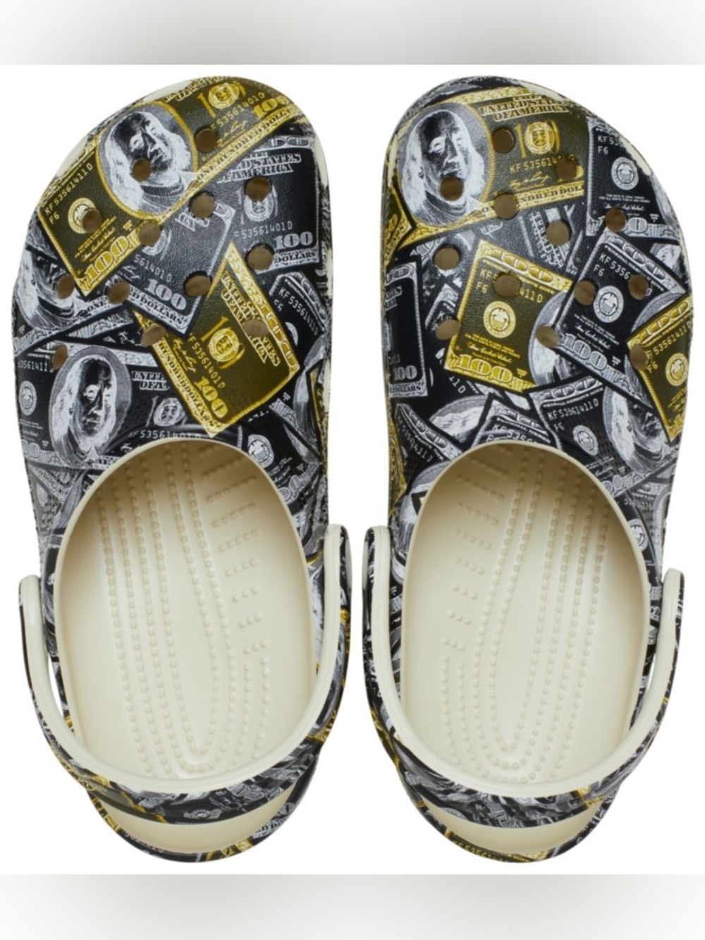 CROCS Money Print Clogs in Black, Gold & Cream, Size W7